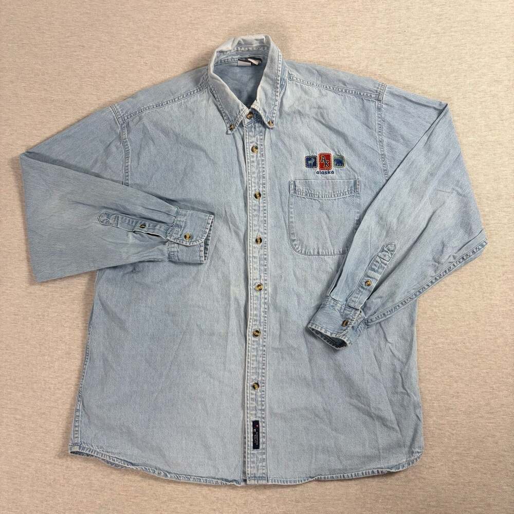 Port and Company Vintage Alaska Embroidered Long Sleeve Denim Button Down Shirt